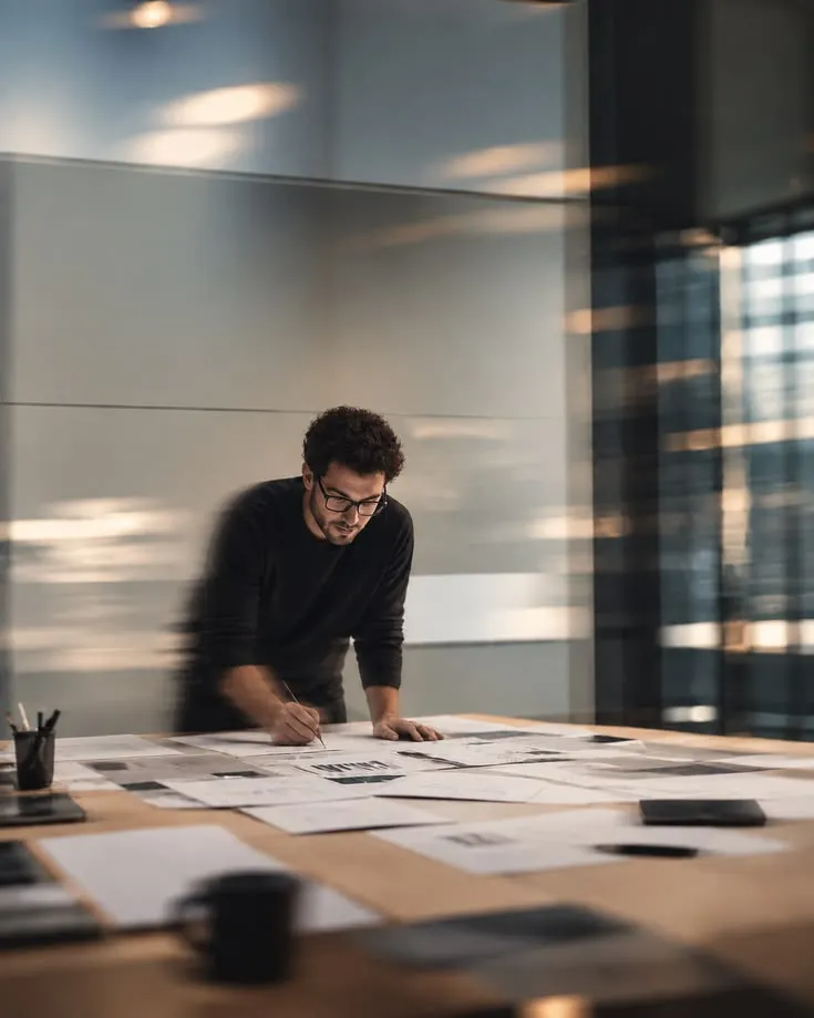 A designer leaning over printed pages on a long table, absorbed in his work