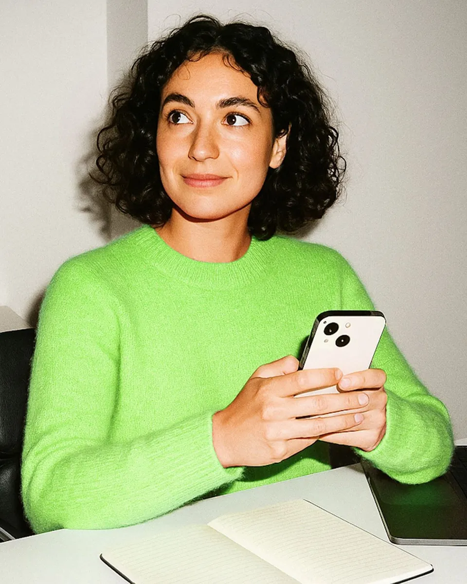 A professional at her desk, Miloop interface chips over the photo